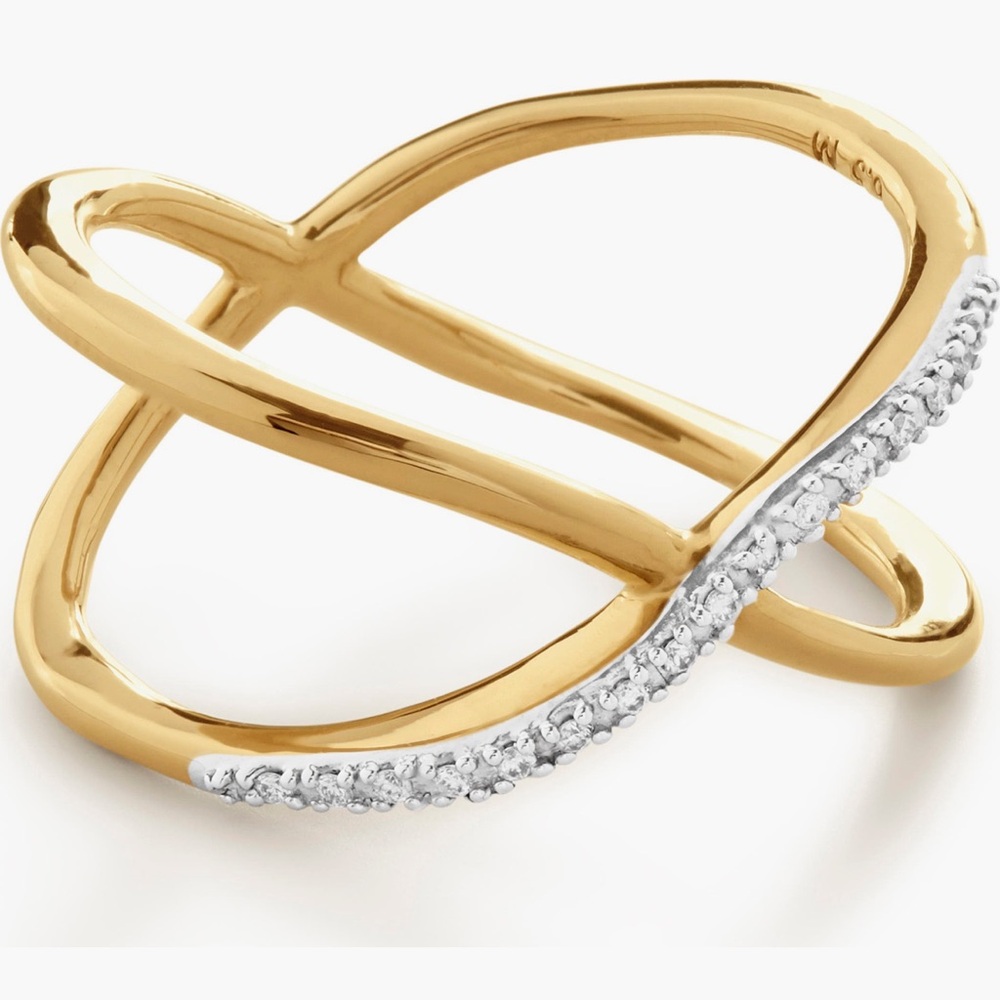 MONICA VINADER Riva Kiss 18K Gold Vermeil Pavé Diamond Crossover Rink -size 6.75